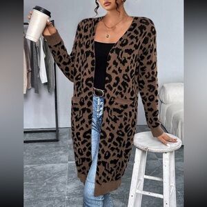 Leopard Print Open Front Long Cardigan Cozy Knit Pockets Duster • Small